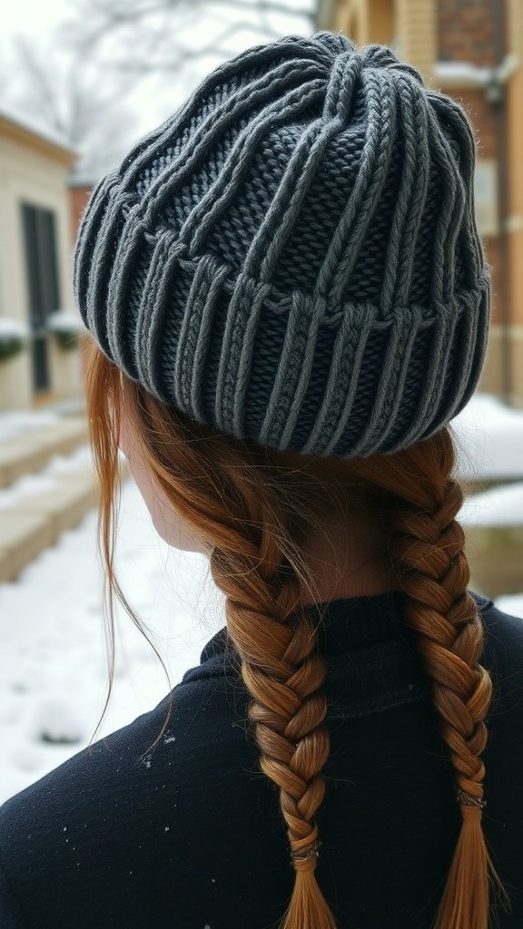 A person with braided hair wearing a knit beanie in a snowy setting.