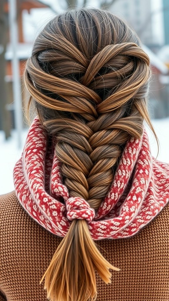 A woman with a knotted braid hairstyle, wearing a red and white patterned scarf, set against a snowy background.