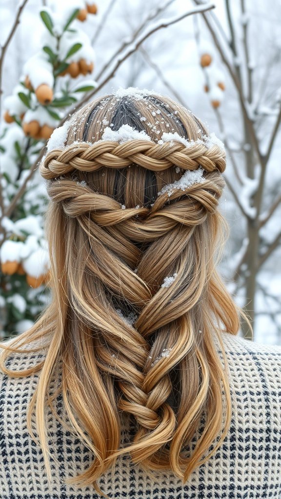 A woman with a half-up braided crown hairstyle, snow on her hair, and a cozy sweater.