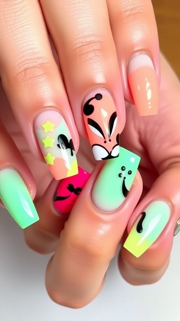 Colorful short acrylic nails featuring bright neon colors and patterns.