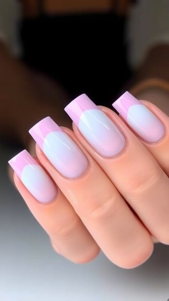 A close-up of hands with pastel ombre French tip acrylic nails, featuring a soft pink base and white tips.