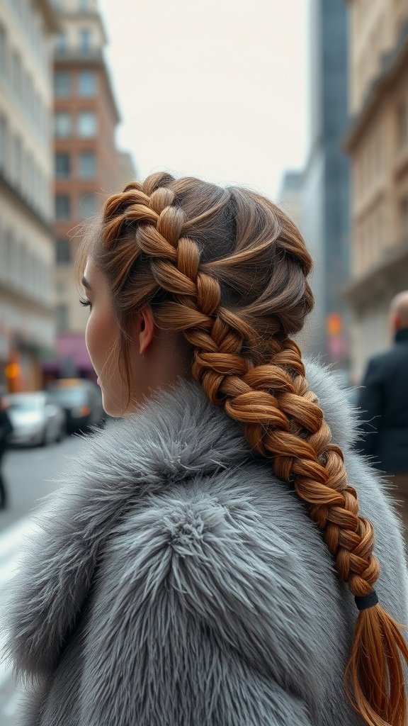 A woman with a luxe braided ponytail wearing a grey faux fur coat, walking in an urban setting.