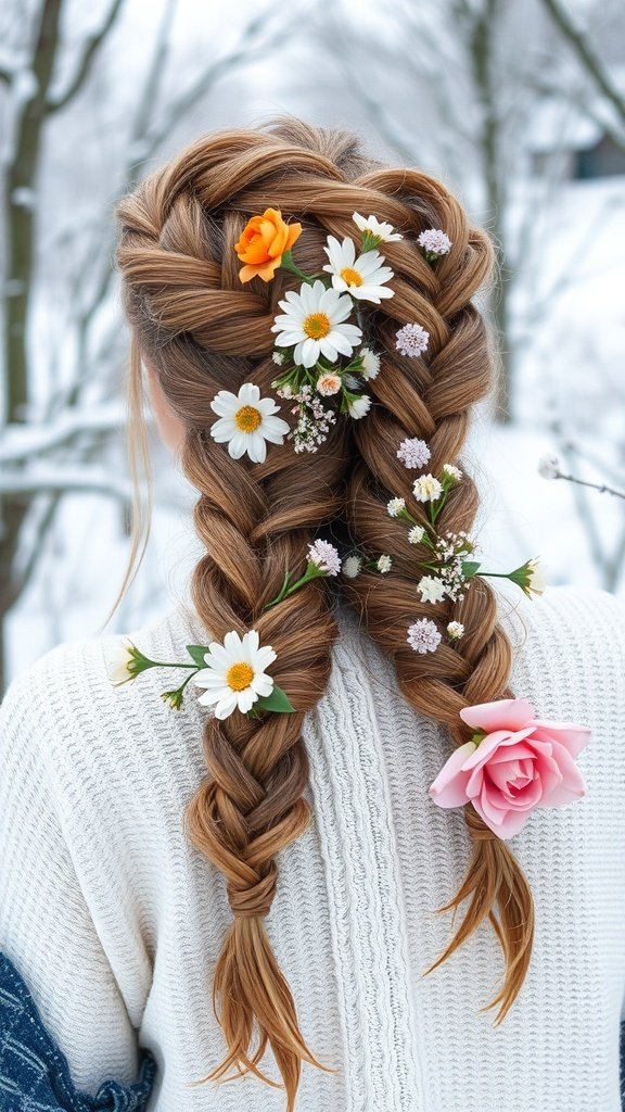 A woman with braided hair adorned with winter flowers, standing in a snowy landscape.