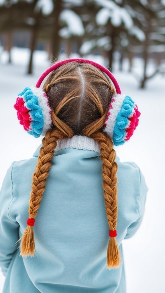A girl with braided pigtails wearing colorful earmuffs in a snowy setting.