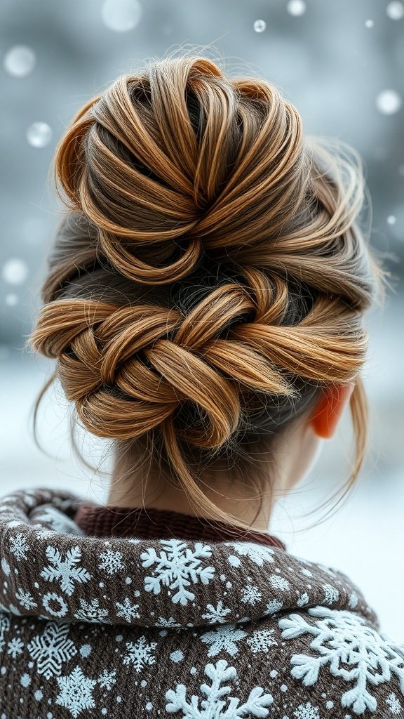 A woman with a messy bun hairstyle featuring braided detail, surrounded by snowflakes.