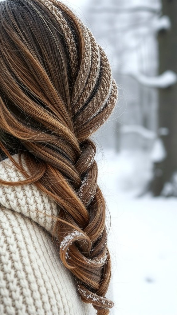 A side-swept braid with frosty tips, styled elegantly against a snowy backdrop.