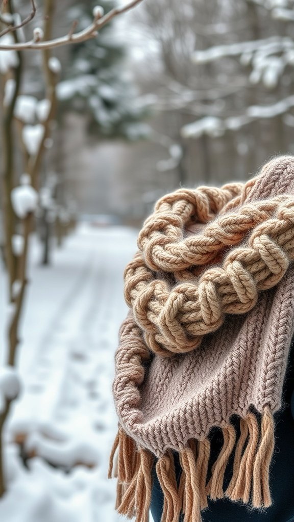 A close-up of a chunky knitted scarf in a snowy outdoor setting.