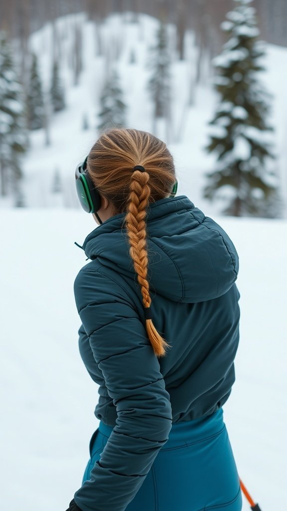 A woman with a braided ponytail wearing a winter jacket and headphones, looking at a snowy landscape.