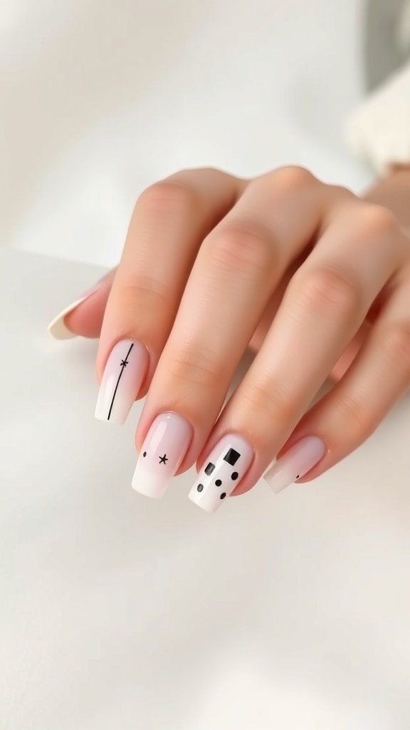 Close-up of short square acrylic nails with minimalist lines and dots design.