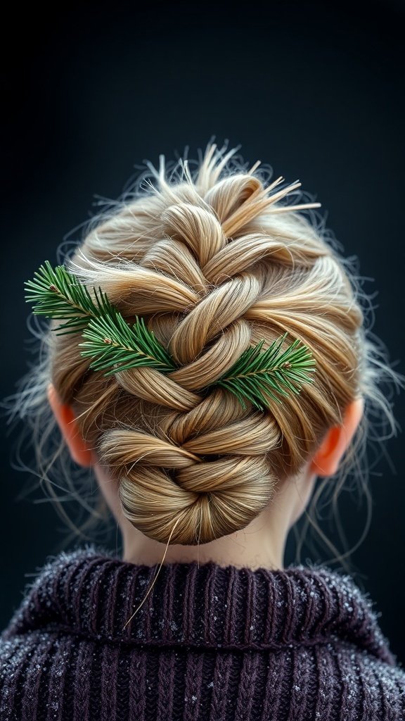 A braided bun hairstyle with pine sprigs for winter accents.