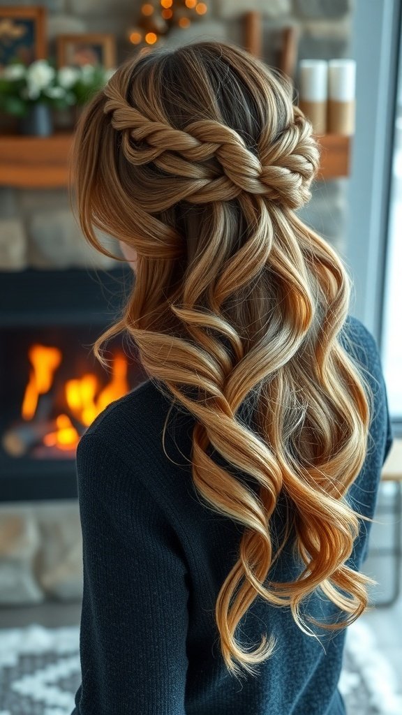 A woman with a half-up braided hairstyle, featuring loose curls, sitting by a cozy fireplace.