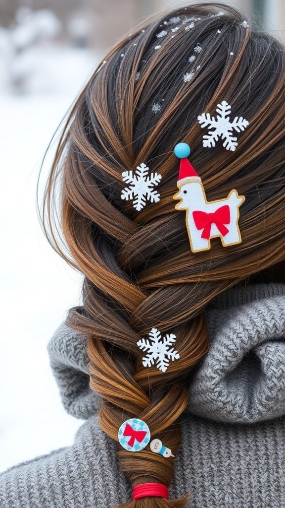 A side braid decorated with winter-themed accessories like snowflakes and a reindeer clip.