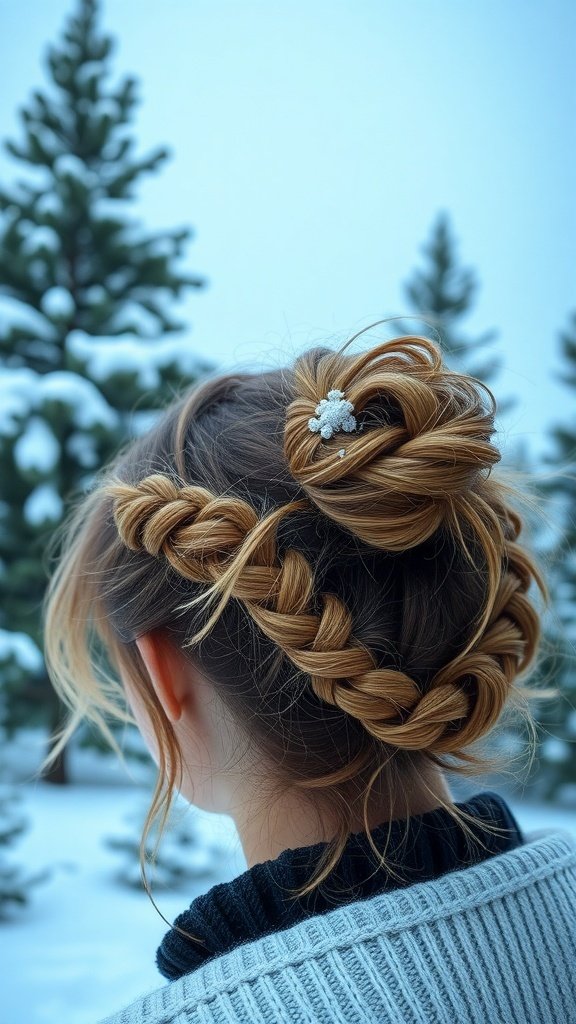 A woman with a messy bun and braided accents, adorned with a decorative hairpin, set against a snowy background.