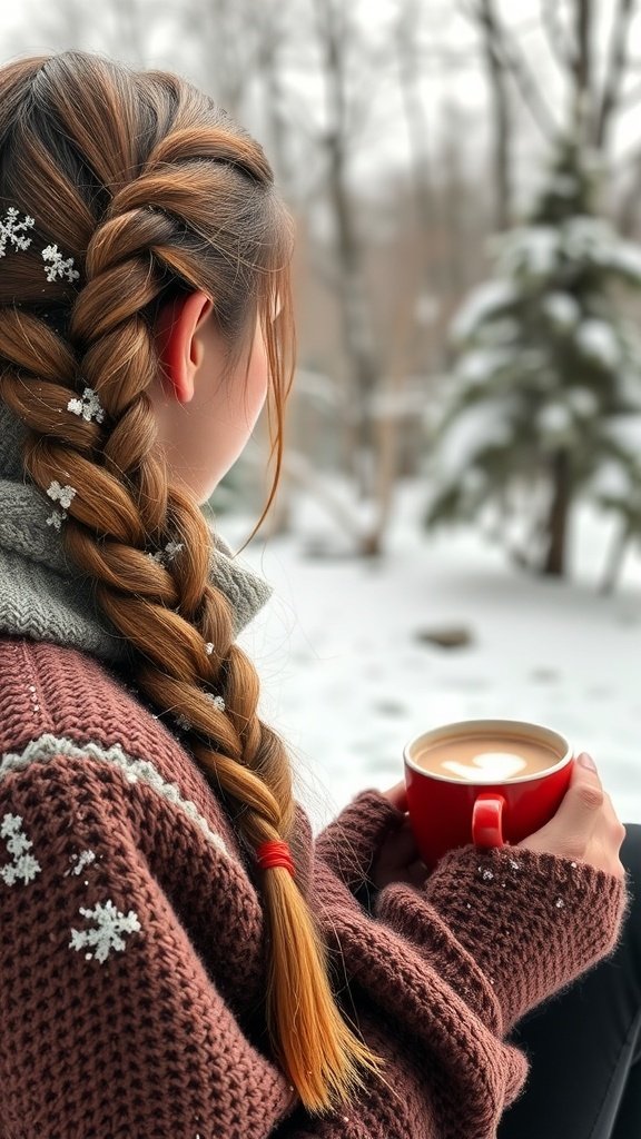 A woman with a casual braid adorned with snowflakes, holding a red mug in a snowy landscape.