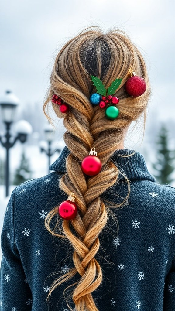 A fishtail braid decorated with holiday ornaments and holly leaves, worn with a cozy sweater.
