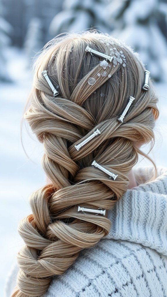 A close-up of a winter hairstyle featuring an intricate infinity braid adorned with silver hairpins, set against a snowy background.