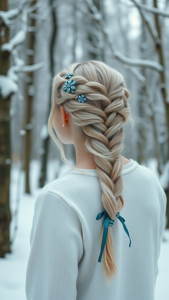 A woman with a bohemian braid adorned with blue hair accessories, standing in a snowy forest.