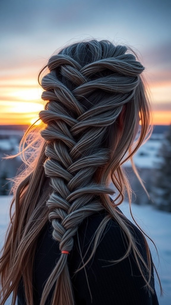 A waterfall braid with frosted tips hanging near icicles in a snowy setting at sunset.