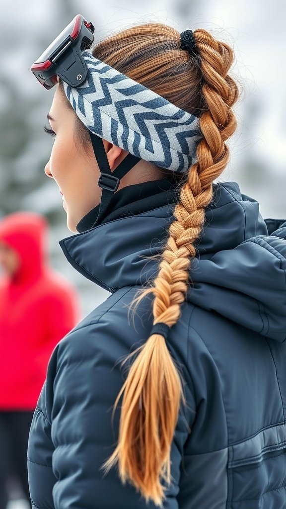 A woman with a braided ponytail wearing a headband and a jacket, showcasing a sporty hairstyle for winter.
