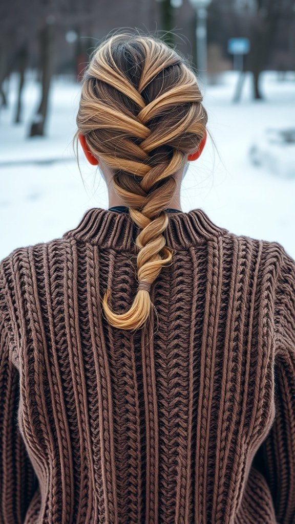 A woman with a fishtail braid wearing a chunky sweater in a snowy setting.