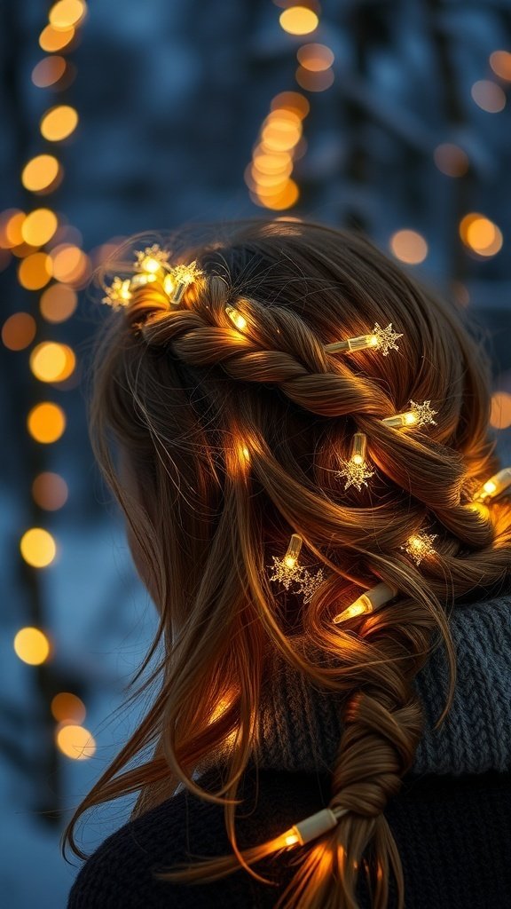 A close-up of a braided hairstyle adorned with twinkling lights and snowflake decorations.