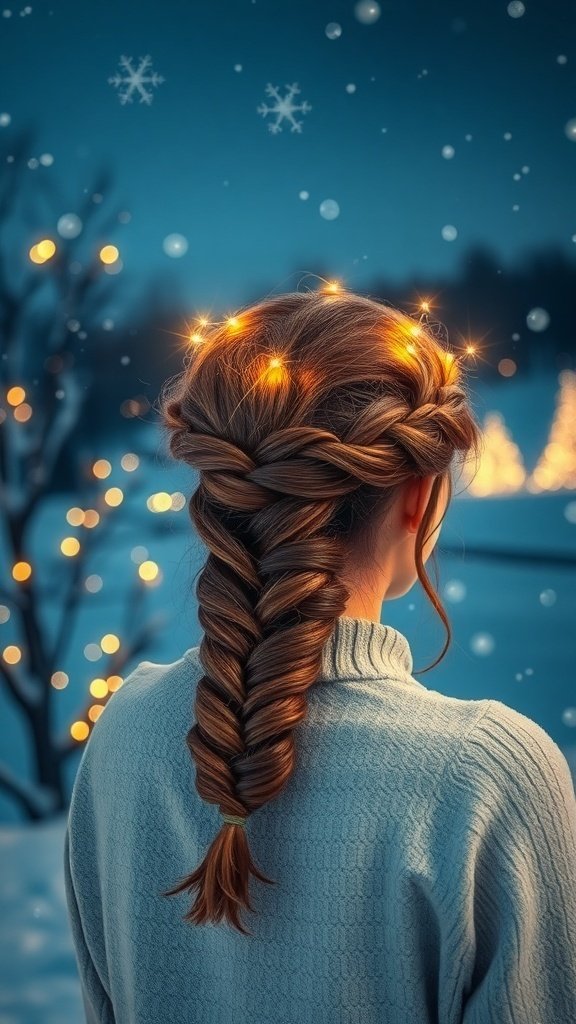 A woman with a braided crown hairstyle decorated with lights, set against a snowy background.
