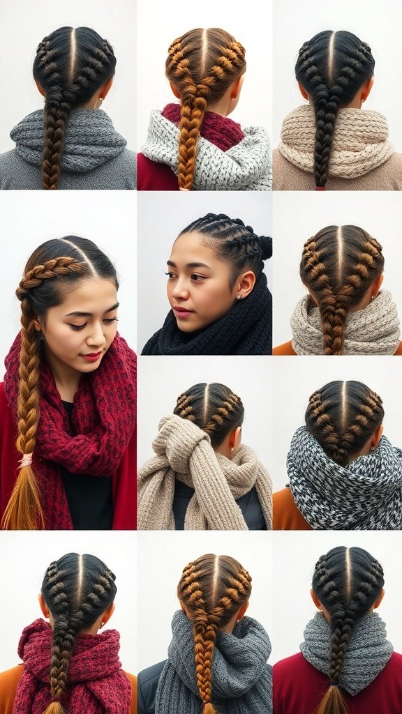 A collage of various braid styles paired with chunky winter scarves.
