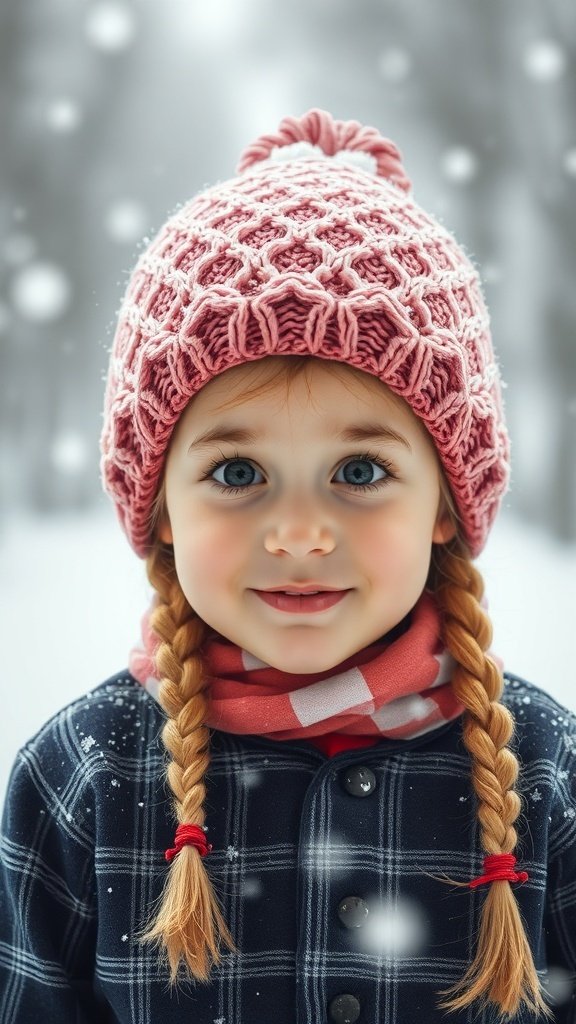 A young girl with double braided pigtails, wearing a pink hat and scarf, in a snowy setting.