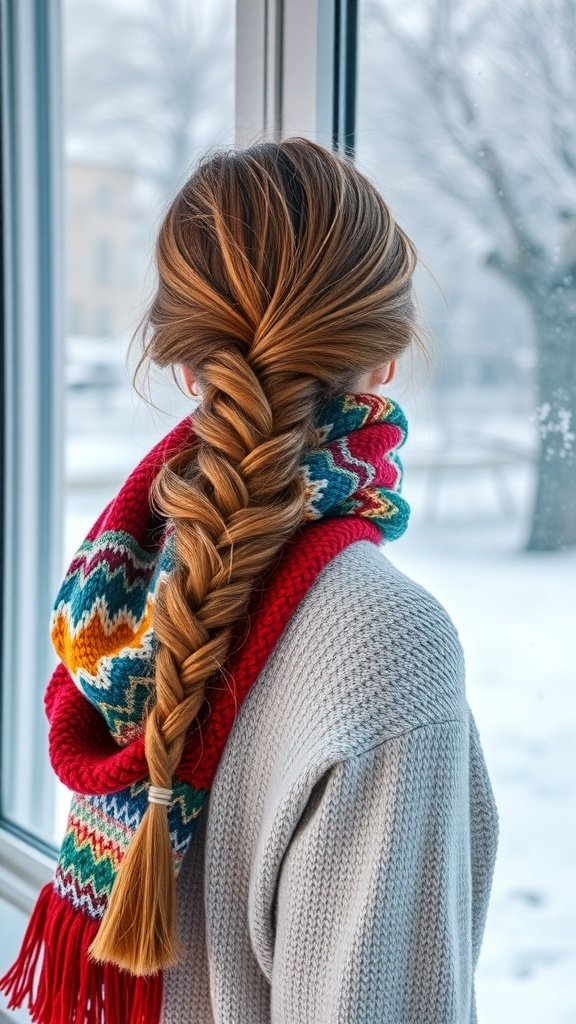 A woman with a side braid wearing a colorful knit scarf, looking out a window with a snowy landscape.