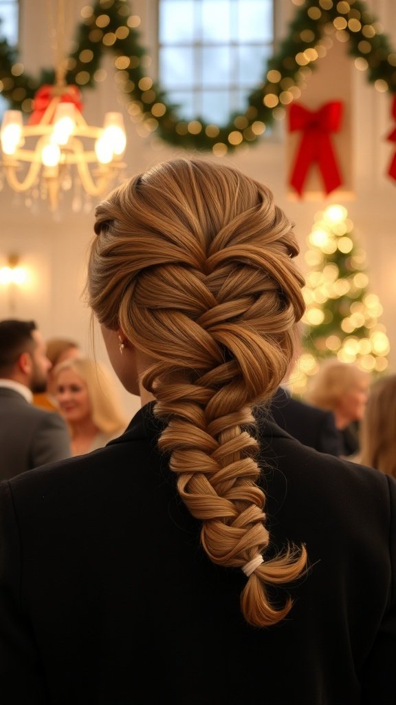 A close-up of a braided updo hairstyle, set against a festive background with holiday decorations.
