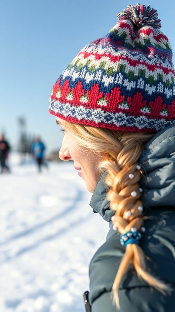 A woman with a classic French braid wearing a colorful beanie, set against a snowy background.