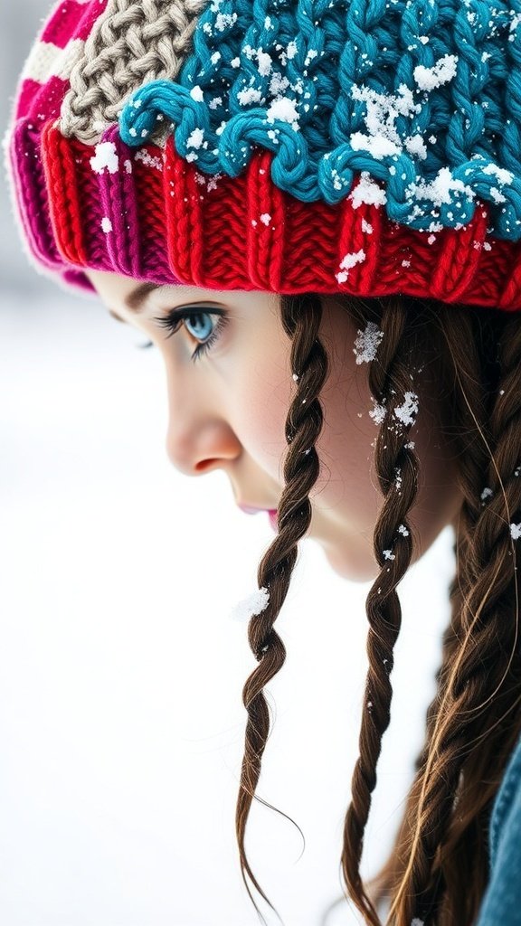 A close-up of a person with twisted braids wearing a colorful beanie in a snowy setting.