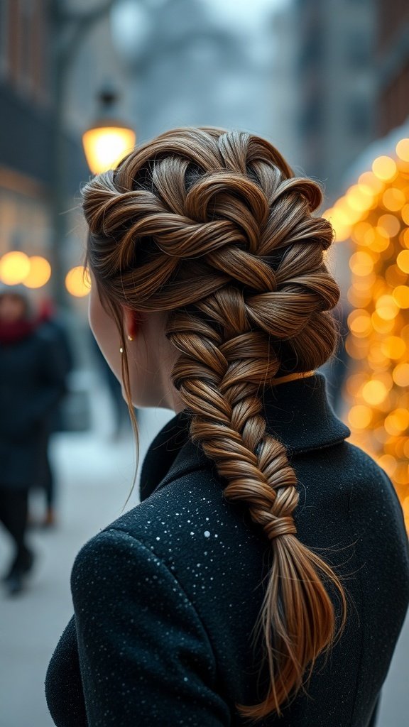 A close-up of a woman's braided chignon hairstyle, featuring intricate braiding and a cozy winter coat.