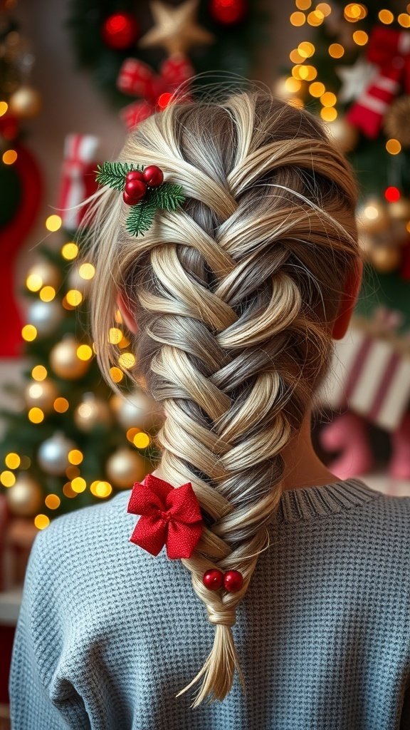 A festive braid decorated with a red bow and berries, set against a holiday backdrop.