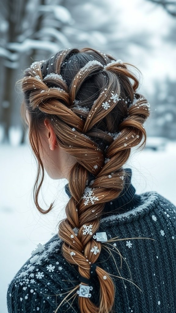 A twisted braid with snowflakes on it, set against a snowy background.