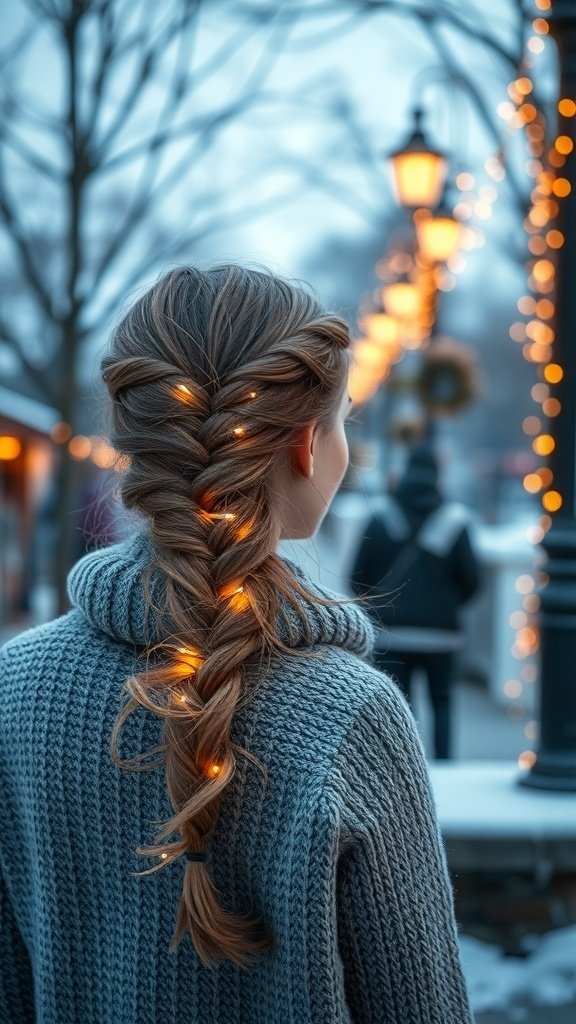 A woman with a bohemian style side braid adorned with twinkling lights, wearing a cozy sweater in a winter setting.