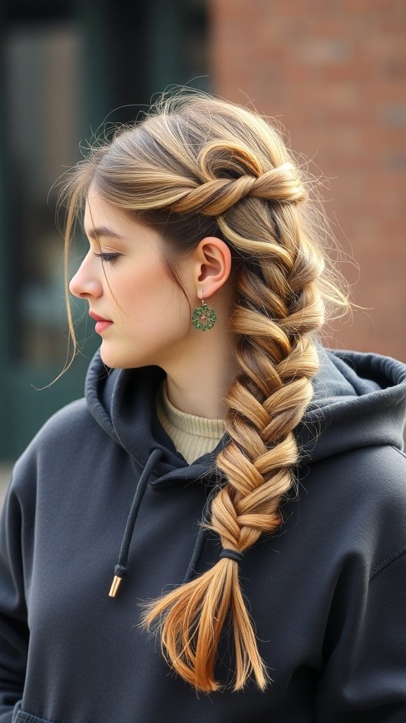 A young woman with a stylish braided half-up hairstyle, wearing a dark hoodie.