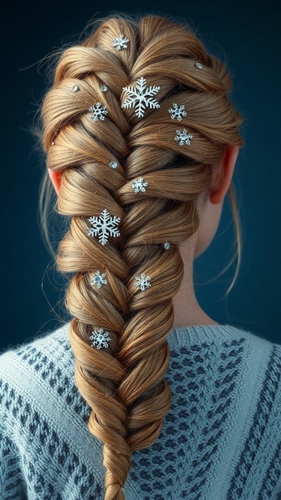 A detailed braid adorned with snowflake ornaments, showcasing a winter theme.