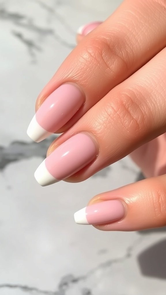 Short almond acrylic nails with a French tip design, featuring a soft pink base and white tips, alongside a green plant.