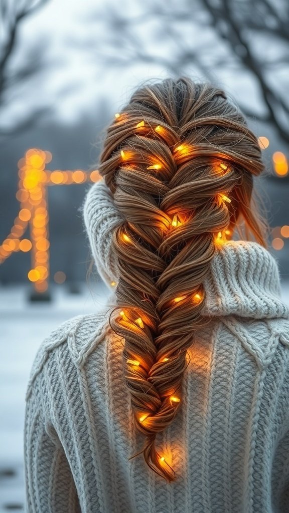 A woman with a romantic braid decorated with twinkling lights, wearing a cozy white sweater, against a winter backdrop.