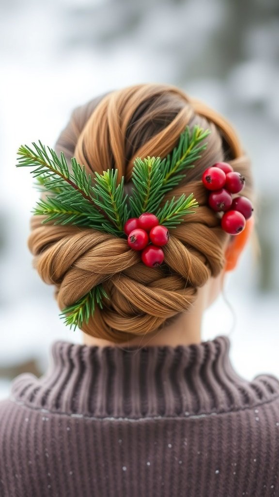 A braided bun hairstyle adorned with evergreen sprigs and red berries, set against a snowy background.