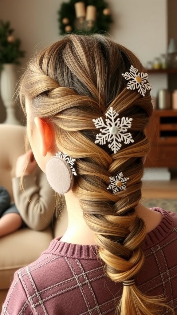 A woman with a braided half-up hairstyle decorated with snowflake clips, showcasing a cozy winter look.