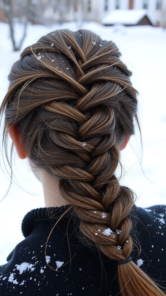 A classic French braid hairstyle with snowflakes on the hair, showcasing elegance and style.