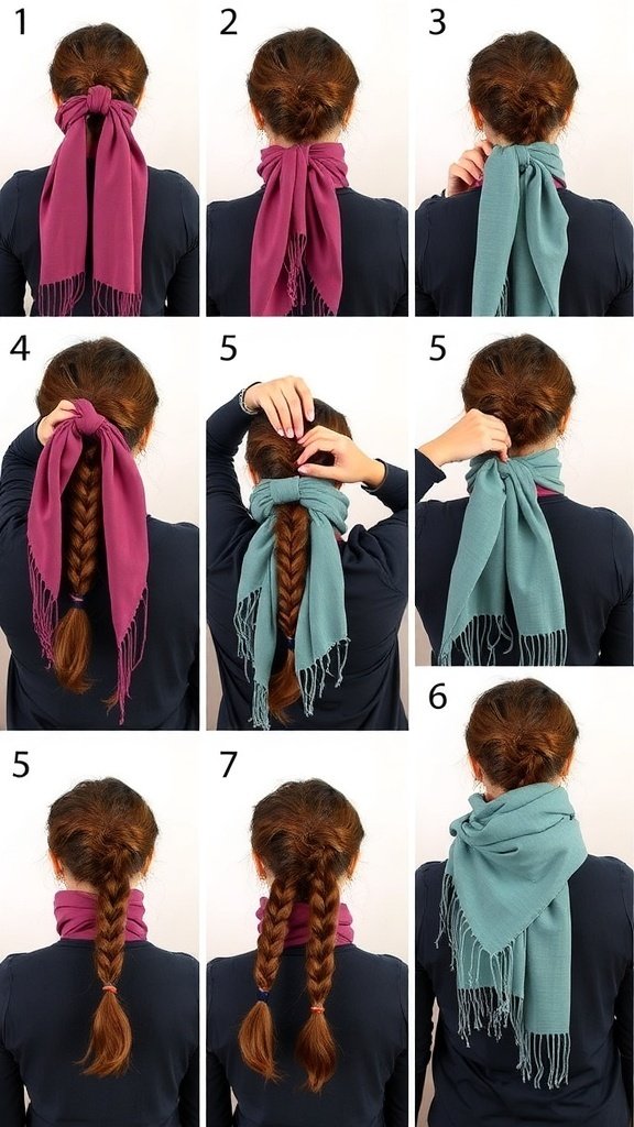 Step-by-step guide on tying a scarf with a winter hair braid