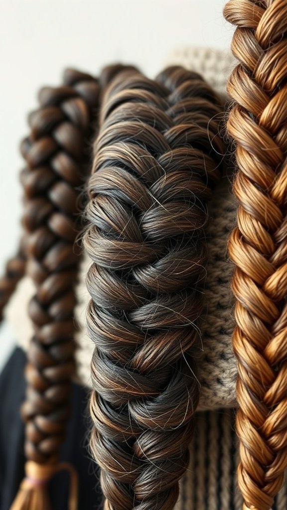 Three different textured braids displayed next to a chunky scarf