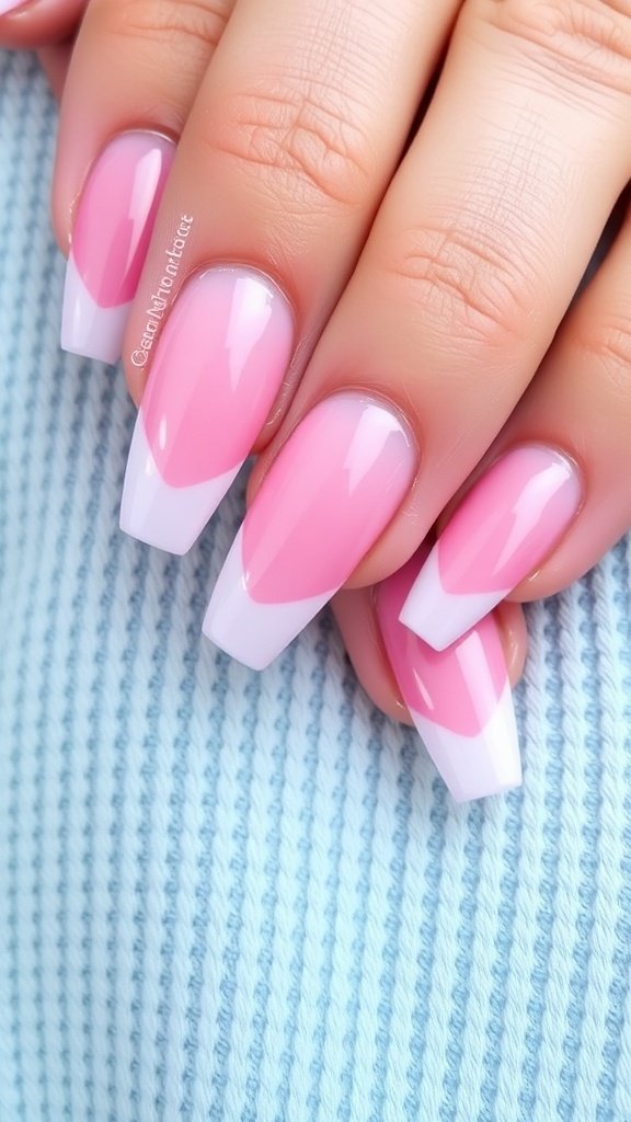 Gradient color French tip acrylic nails with a soft color transition