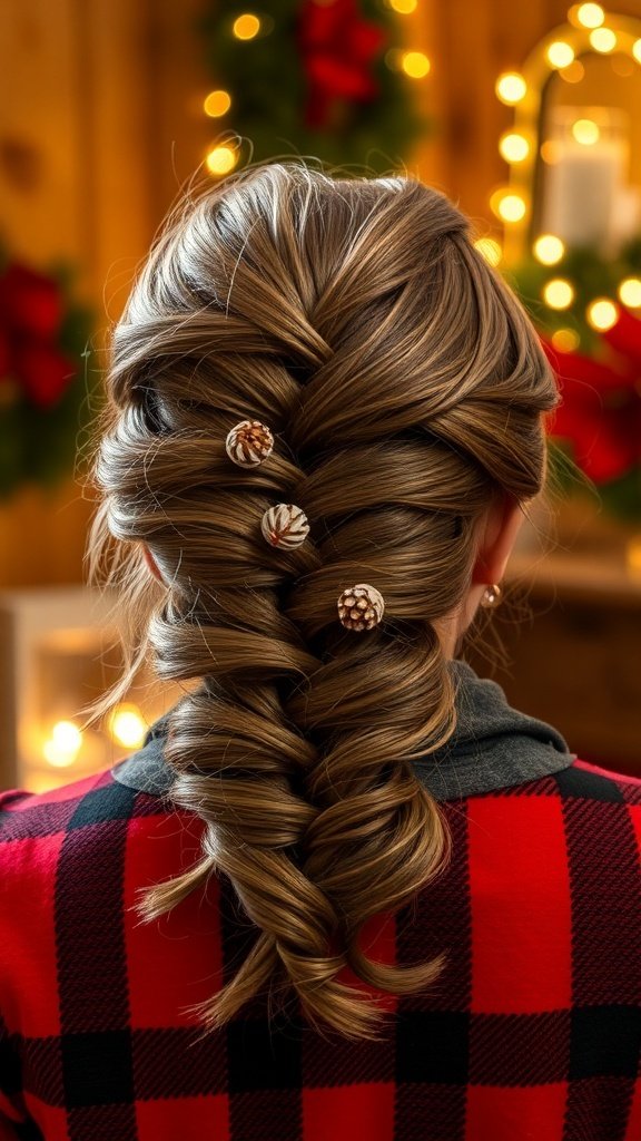 Half-up braided hairstyle with pinecone accents, set against a festive holiday background.