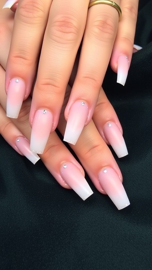Short acrylic nails with a matte finish and rhinestone details in soft pink and white.