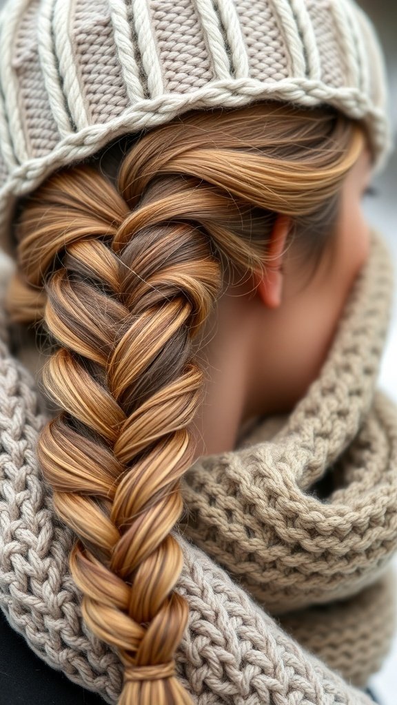 A close-up of a classic French braid styled with a warm hat and scarf in a winter setting.