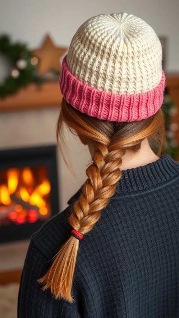 A person with a braided ponytail wearing a knit hat, sitting by a warm fireplace.
